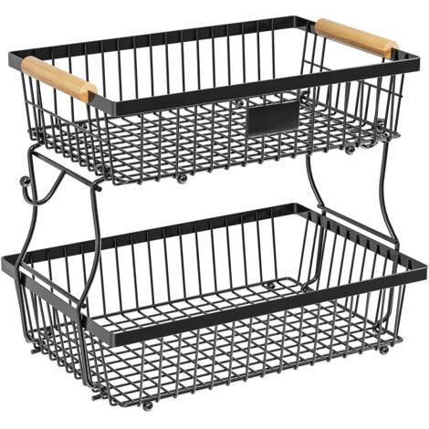 Panier à Fruits et Légumes Cuisine 2 Niveaux Amovible, Étagère de Rangement avec Poignées en Bois, Noir (1/4)