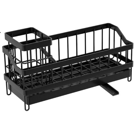 Organisateur Évier Cuisine Sans Perçage avec Plateau Égouttoir, Porte-Éponge Brosse Adhésif avec Barre à Serviette, Noir (1/5)