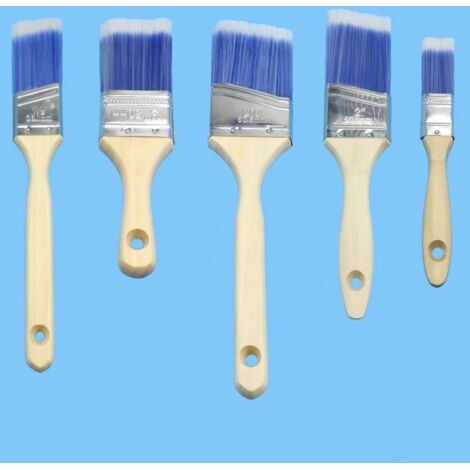 Ensemble de cinq pinceaux, bleu et blanc, pinceau coudé à long manche, peinture à l'eau, peinture latex, pinceau à bordures et de finition.