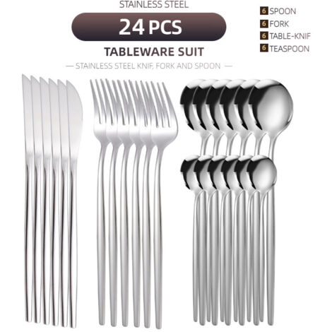 Lot de 24 couverts en acier inoxydable argenté, service pour 6 personnes, couteaux à steak pour hôtels et repas occidentaux