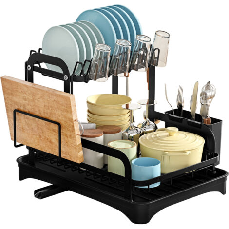 Égouttoir Vaisselle Cuisine Compact 2 Niveaux avec Plateau Égouttoir et Porte-Couverts, Organisateur Assiettes Bols, Noir (1/4)