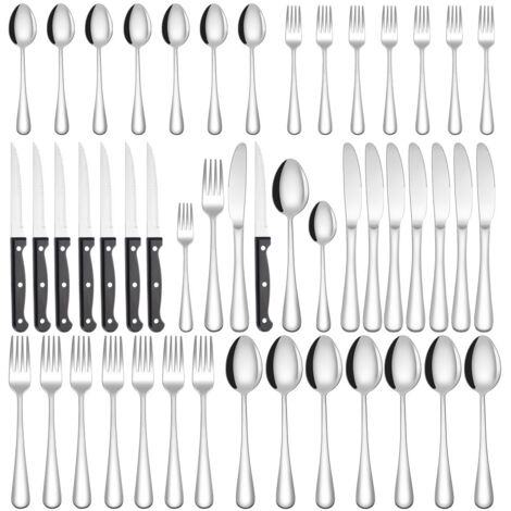 Lot de 48 couverts en acier inoxydable argenté, ensemble couteaux à steak, fourchettes et cuillères pour repas occidentaux