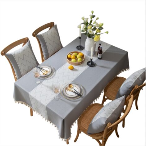 Nappe Imperméable en Lin Artificiel 90x90cm, Housse de Table Carrée Grise à Pompons, Résistante à l'Huile pour Salle à Manger