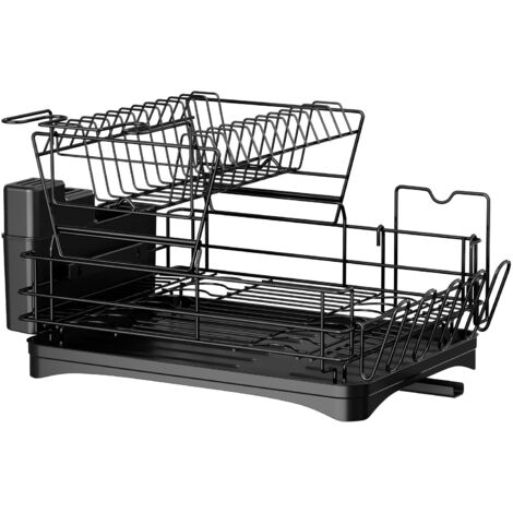 Égouttoir Vaisselle Cuisine 2 Niveaux Multifonctionnel avec Plateau Égouttoir et Porte-Couverts, Organisateur, Noir (1/5)