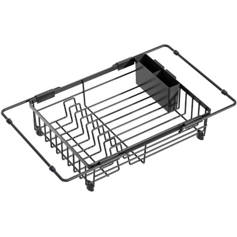 Égouttoir Vaisselle sur Évier Cuisine Réglable Extensible, Organisateur Assiettes Couverts avec Panier, Noir