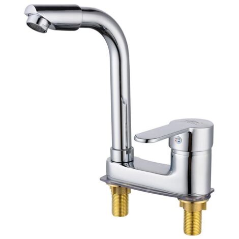 Robinet de lavabo 2 trous en laiton plein, pivotant, eau chaude/froide, installation universelle (écartement 10-10,5cm) (1/5)