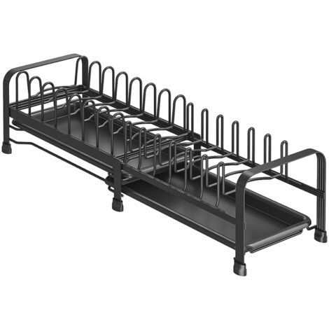 Étagère à Assiettes Extensible Réglable, Organisateur Vaisselle Couvercles Cuisine avec Plateau Égouttoir, Noir (1/4)