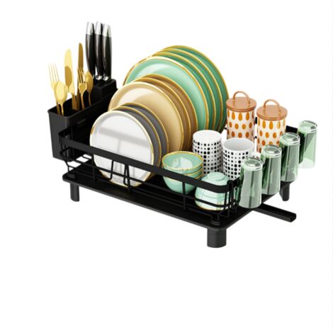 Égouttoir Vaisselle Cuisine Multifonctionnel avec Plateau Égouttoir et Porte-Couverts, Organisateur Assiettes, Noir (1/4)