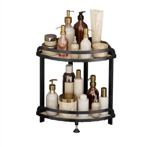 Étagère de Rangement d'Angle 2 Niveaux, Étagère Triangulaire de Salle de Bain, Organisateur d'Épices de Cuisine, Noir (1/4)
