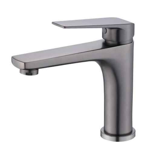 Robinet de lavabo en laiton plein gris pistolet plaqué à l'eau, eau chaude/froide, monotrou – livré avec tuyau 60cm (1/5)