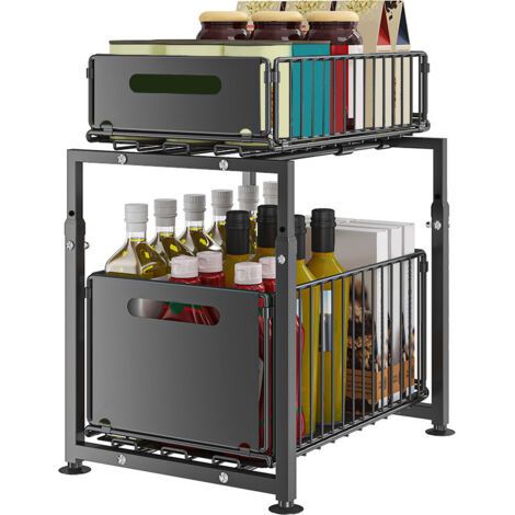 Étagère de Rangement Tiroir sous Évier Cuisine 2 Niveaux Réglable, Organisateur Placard pour Épices, Bocaux, Bouteilles (1/4)