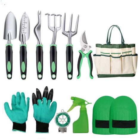 Kit d'Outils de Jardin en Alliage d'Aluminium avec Sécateur, Pelle, Râteau, Fourche, Gants et Pulvérisateur, Ensemble Complet pour Jardinage