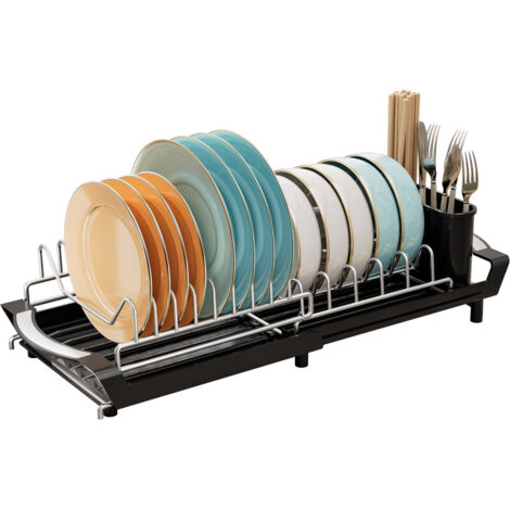 Égouttoir Vaisselle Extensible Rétractable 1 Niveau avec Porte-Couverts, Organisateur Cuisine Étroit, Noir (1/4)