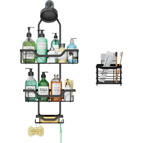 Ensemble 2 Pièces Porte-Étagère Douche Suspension sur Tête de Douche, Organisateur Salle de Bain en Fer Antirouille avec Porte-Brosses à Dents (1/4)
