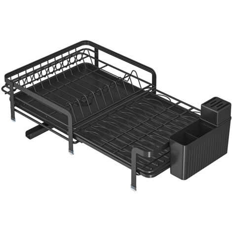 Égouttoir Vaisselle Cuisine Longueur Réglable, Organisateur Extensible avec Plateau Égouttoir et Porte-Couverts, Noir (1/5)