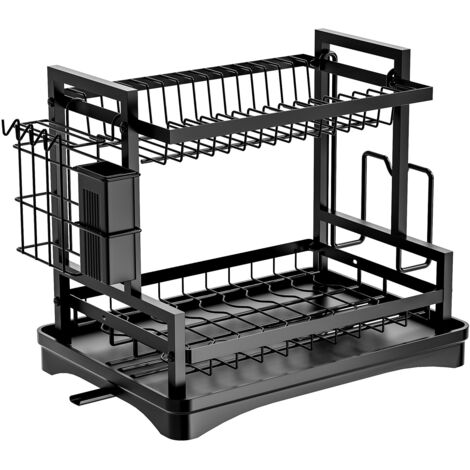 Égouttoir Vaisselle Cuisine 2 Niveaux avec Plateau Égouttoir et Porte-Couverts, Organisateur Assiettes Bols, Noir (1/4)