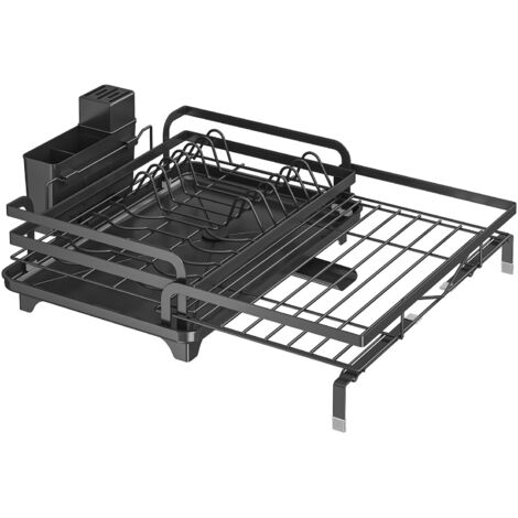 Étagère Égouttoir Vaisselle sur Évier Cuisine Réglable, Organisateur Extensible avec Porte-Couverts, Noir (1/4)