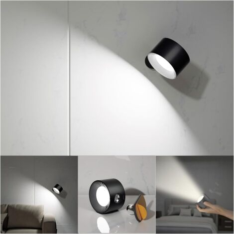 Applique murale LED : batterie intégrée, port de charge USB et base magnétique rotative à 360° (Modèle noir texturé à commande tactile) (1/4)