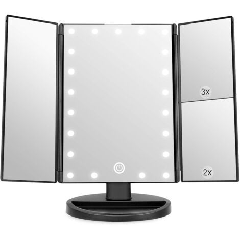 Miroir de Maquillage Lumineux, 1x / 2X / 3X Grossissement, Miroir à Trois Plis avec 21 Lumières LED, Interrupteur à Écran Tactile, Miroir de Table avec Batterie et USB Disponibles (Noir) (1/5)
