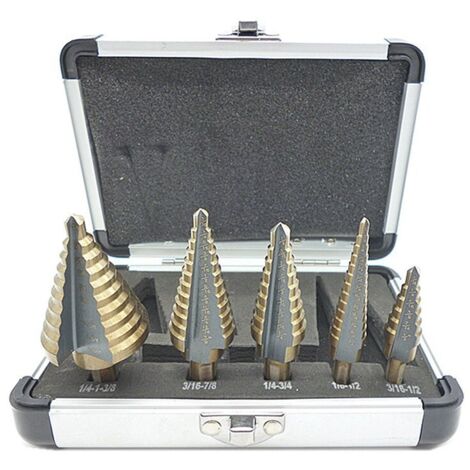 Lot de 5 embouts à tête fraisée étagée, embouts étagés avec boîtier en aluminium Pro, tige hexagonale avec coussinets auto-centrants, perçage de précision dans l'acier, le métal (1/5)