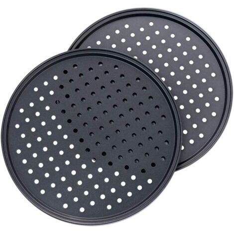 (32 1CM) Ensemble de 2 plateaux à pizza noirs, moules à pâtisserie perforés, en acier au carbone antiadhésif de haute qualité avec trous ronds antirouille, adaptés à la plupart des fours de cuisine (1/5)