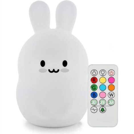 Veilleuse Enfant Lampe Lapin Silicone Souple Lampe Chevet 9 Couleurs Rechargeable Télécommande LED Veilleuse pour Cadeau/Bureau/Chambre à Coucher/Salon/Extérieur [Classe énergétique A++] (1/5)