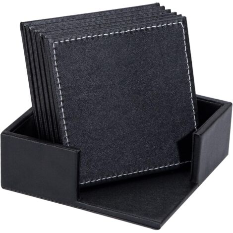 Dessous de verre en cuir de couleur pure d'affaires simple bureau PU coussin d'isolation thermique vie maison tapis de bol de restaurant pratique sous-verre carré noir (6 pièces + 1 plateau) une pièce (1/5)