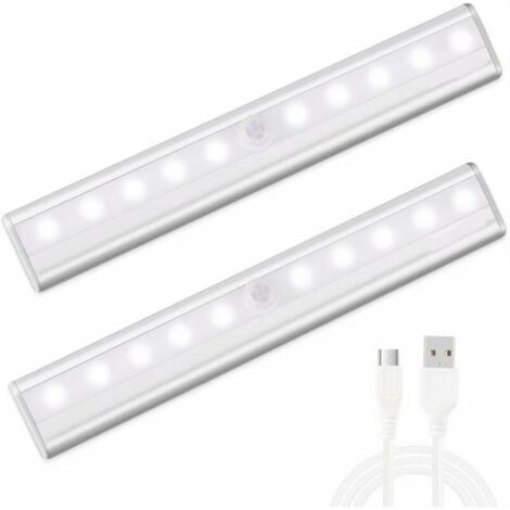 Lampe de Placard USB Rechargeable lampe 10 led detecteur de mouvement pour Cabinet Armoire Penderie Cuisine Couloir Toilettes, Avec Bande Magnetique Adhésive Amovible [2 Pack] (Blanc) (1/5)