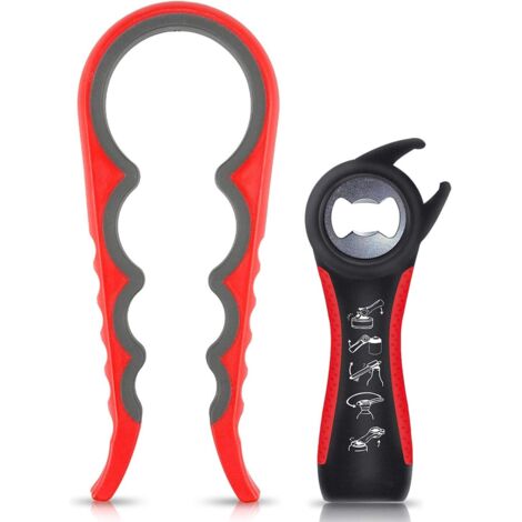 Ouvre-bouteille, ouvre-boîte 2 pièces, ouvre-boîte manuel, ouvre-bouteille idéal pour les personnes âgées ayant des mains faibles et souffrant d'arthrite (noir et rouge) Ouvre-bouteille 5-en-1 + ouvre (1/5)