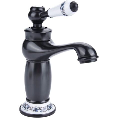 Céramique Antique Laiton Robinet Lavabo De La Salle De Bains Robinet Bleu Et Blanc en Porcelaine À Long Cou Vintage Robinet Mitigeur Évier Cuisine Cuisine Robinet d'eau Froide/Chaude(Noir) (1/5)