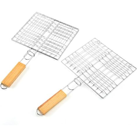 Grille de cuisson 2pcs Grille en acier inoxydable portable argentée Grille en acier inoxydable Panier de gril portable Panier de gril en acier inoxydable Steak Viande Crevettes Grillades de légumes Gr (1/5)