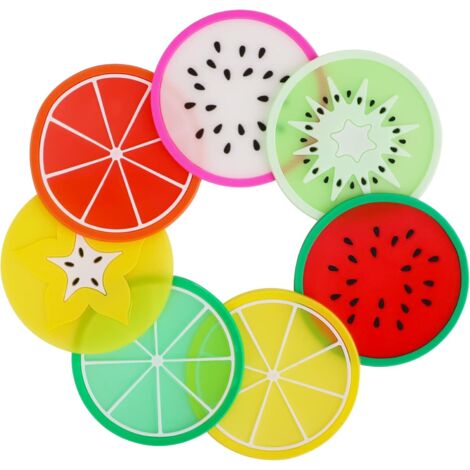 Dessous de verre, sous-verres ronds en silicone café thé ensemble de 7, fruits image nouveaux tapis de table et pieds de sous-verre ensemble meubles napperons (1/5)