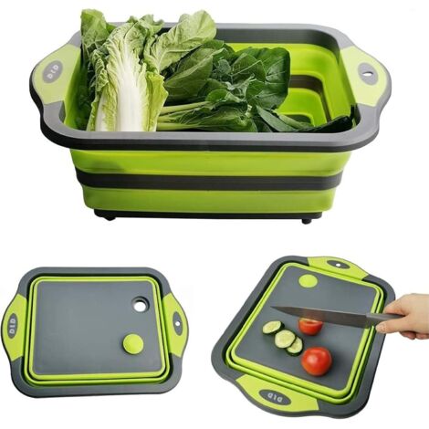 Planche à Découper Pliable 3 en 1 Panier à Découper avec Bouchon de Drainage et Ciseaux Multifonction Panier de Drainage pour Les Cuisines,Les Voyages,Le Camping(Vert) (1/5)