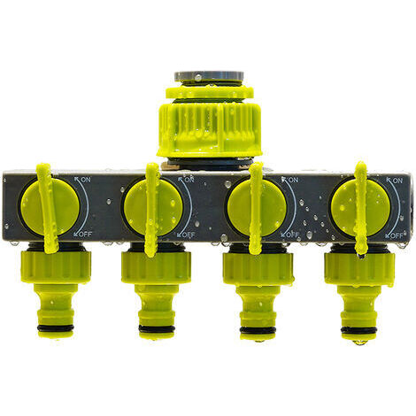 Connecteur de tuyau d'arrosage à 4 voies, connecteur de tuyau, distributeur d'eau avec 4 interrupteurs indépendants pour système d'arrosage de robinet extérieur (vert et gris) (1/5)