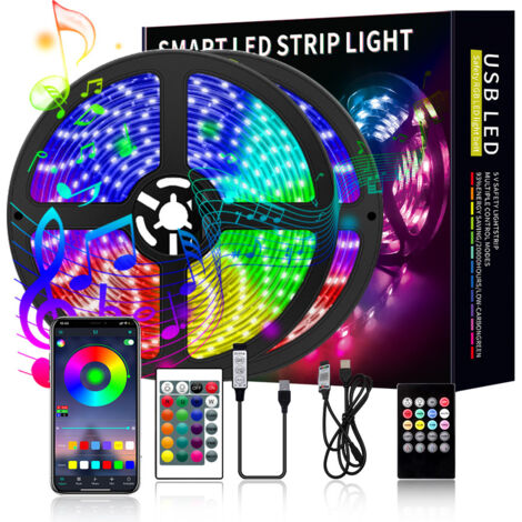 Bande lumineuse, bande de 5M, bande lumineuse flexible multicolore pour chambre à coucher, contrôle par APP pour smartphone, synchronisé avec la musique, fonction rythme/temporisateur Bluetooth étanch (1/3)
