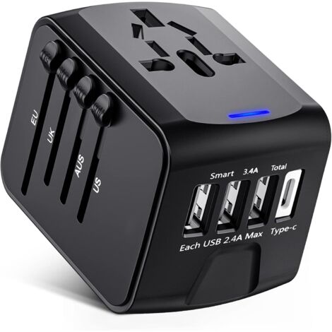 Adaptateur de voyage, adaptateur de prise universel avec ports USB de type C + 3 et prise secteur, prise d'adaptateur pour plusieurs pays (1/5)