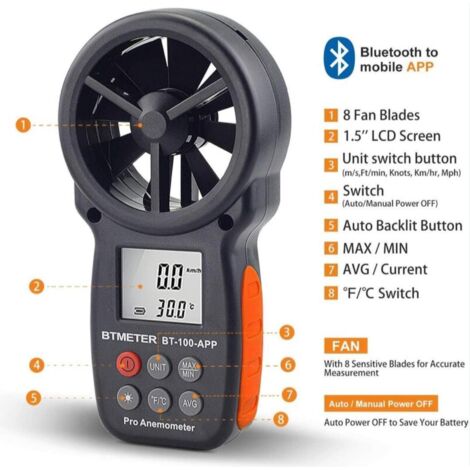 Anémomètre Numérique de Vitesse du Vent de Poche, Bluetooth sans Fil à Palette Anémomètre Mètre pour le Refroidissement Eolien, la Vitesse, le Moniteur de Température BT-100APP (1/4)