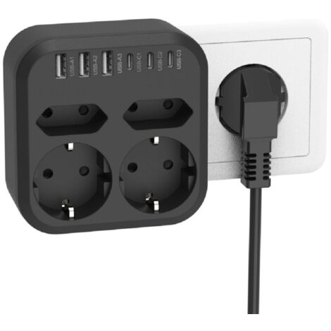 Adaptateur Prise Murale 10-en-1, 4 Prises Schuko + 3 USB-A + 3 USB-C, Protection Surtension, Noir (1/4)