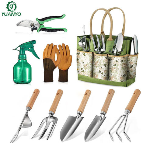 Kit de jardinage 9 pièces en acier inoxydable, manches en bois et sac de rangement (1/5)