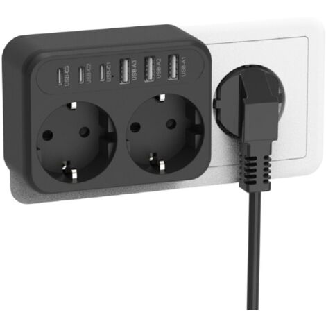 Adaptateur Prise Murale 8-en-1, 2 Prises Schuko + 3 USB-A + 3 USB-C, Charge Rapide, Noir (1/5)