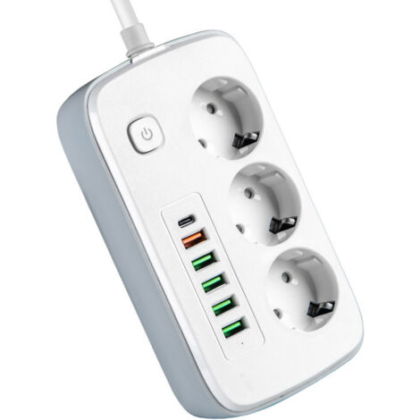 Multiprise 3 Prises Schuko + USB-C + 5 USB, Interrupteur, Câble 2m, Blanc (1/5)