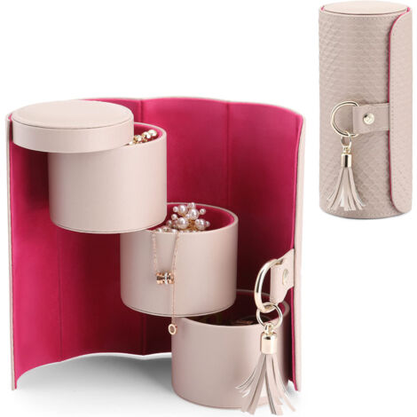 Boîte à bijoux cylindrique 3 étages en PU, rangement portable pour voyages, coffret de stockage pour colliers, bracelets et accessoires (1/4)