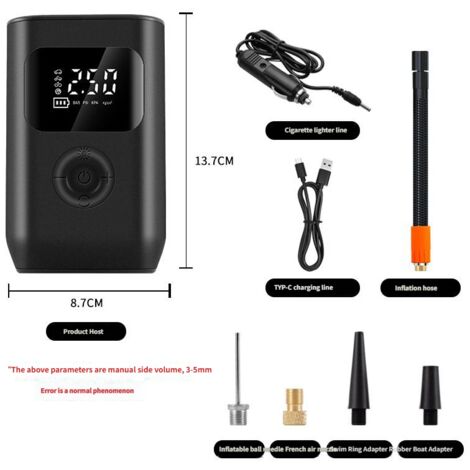 Gonfleur de pneus portable A5 : mono-cylindre 12V 55W, batterie lithium, écran/manomètre/éclairage numérique, câble 3m, alimentation multiple (1/4)