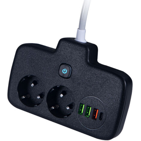 Multiprise Compacte 2 Prises Schuko + 3 USB + 1 USB-C, Interrupteur Général, Câble 0.2m, Noir (1/4)