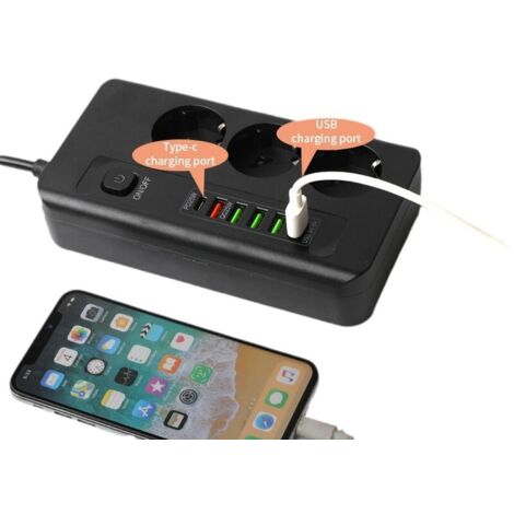 Multiprise 3 Prises Schuko + USB-C + 5 USB, Protection Contre les Surtensions, Câble 2m, Noir (1/4)