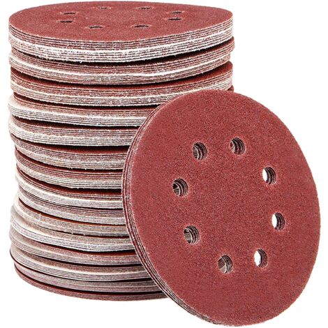 Lot de 100 papiers abrasifs 5 pouces 125mm 8 trous, auto-agrippant, papier rouge à sec pour ponçage menuiserie