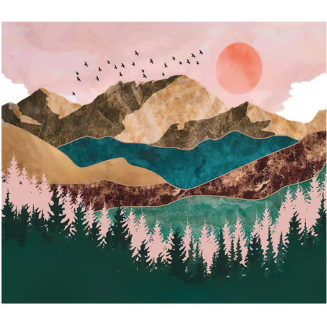 tapisserie murale abstraite représentant une montagne, une forêt, un coucher de soleil et un paysage naturel. (1/5)