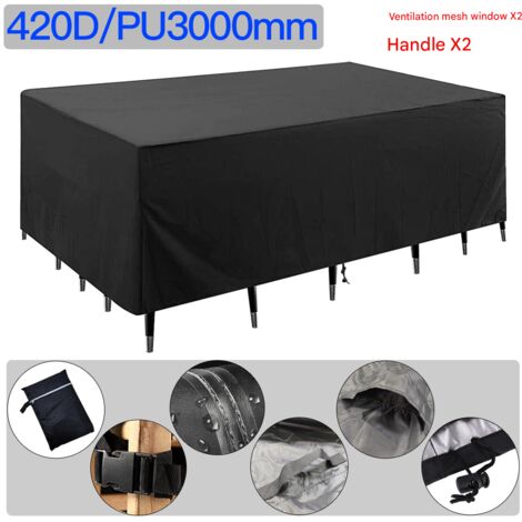 Housse mobilier jardin 420D PU étanche, anti-poussière et anti-soleil, fenêtres, poignées et boucles (1/5)
