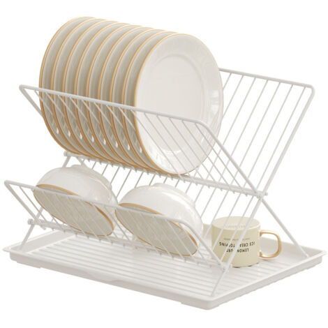 Égouttoir à vaisselle pliable en forme X, structure métallique blanc avec plateau de récupération (1/5)