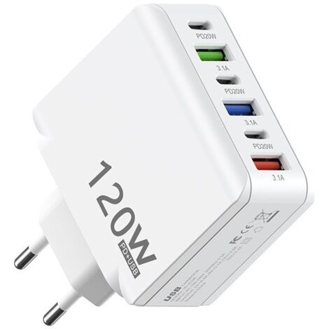 Chargeur rapide multi-port 120W plusieurs coloris, 3USB + 3PD prise européenne pour smartphone (1/5)